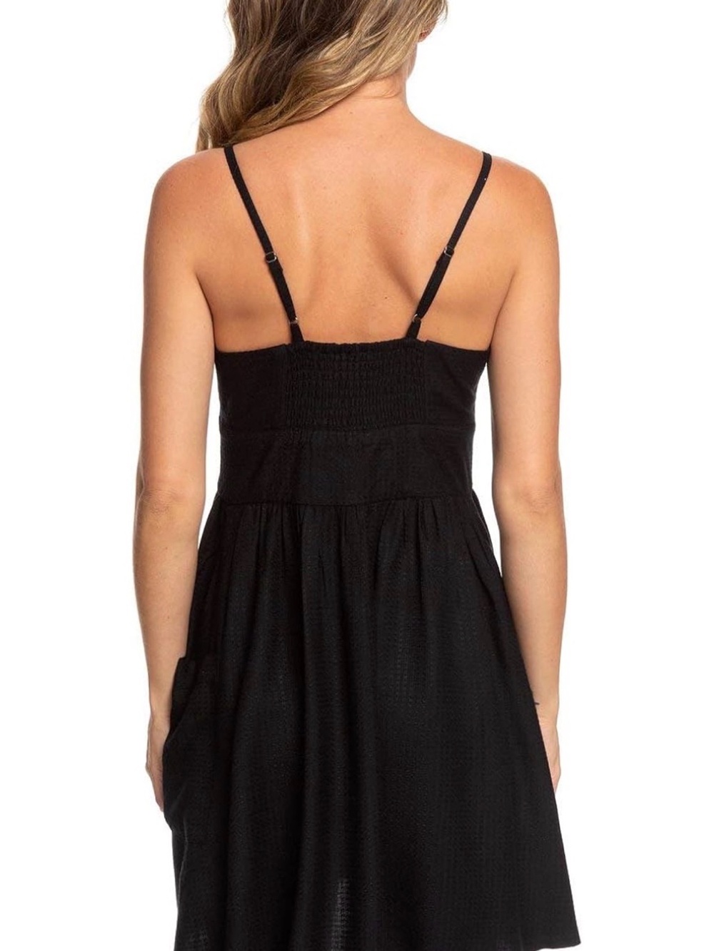 Roxy Black Tie-Front Mini Dress with Wood Buttons - Picture 2 of 4